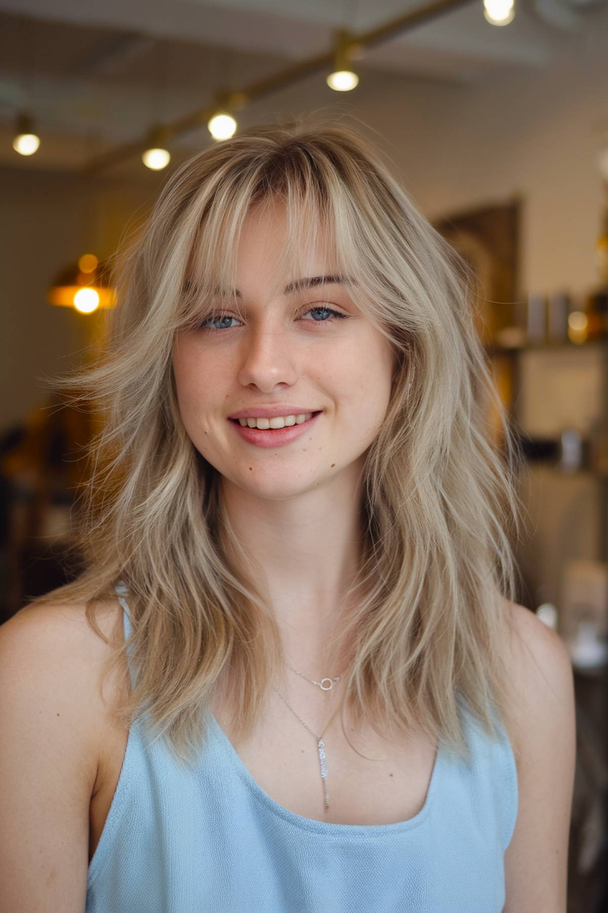 Feathered shaggy haircut with wispy layers and soft bangs, enhancing texture in fine hair