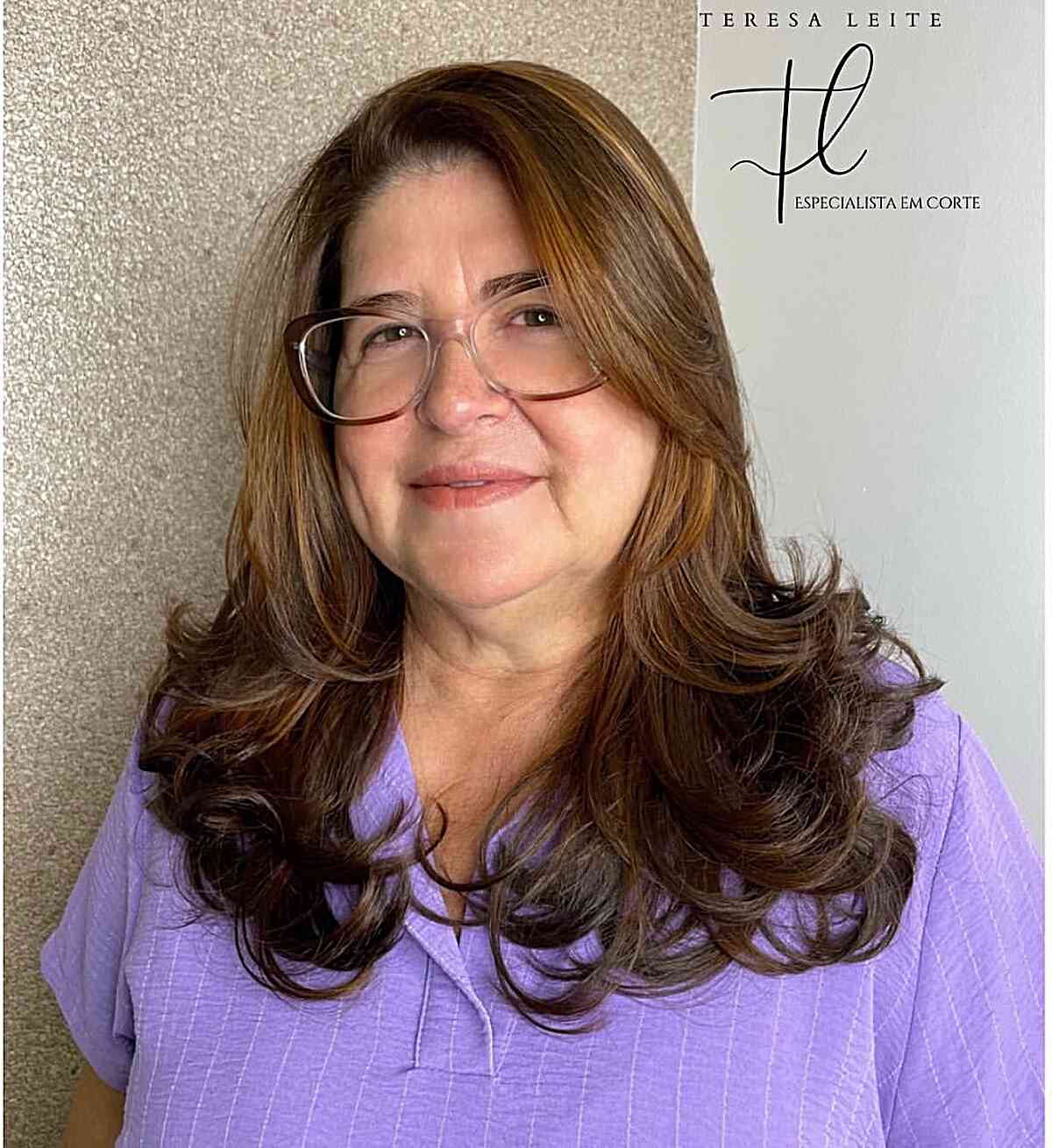 Mid-Long Feathered Swoopy Layers for Overweight Women Over 50 with Glasses