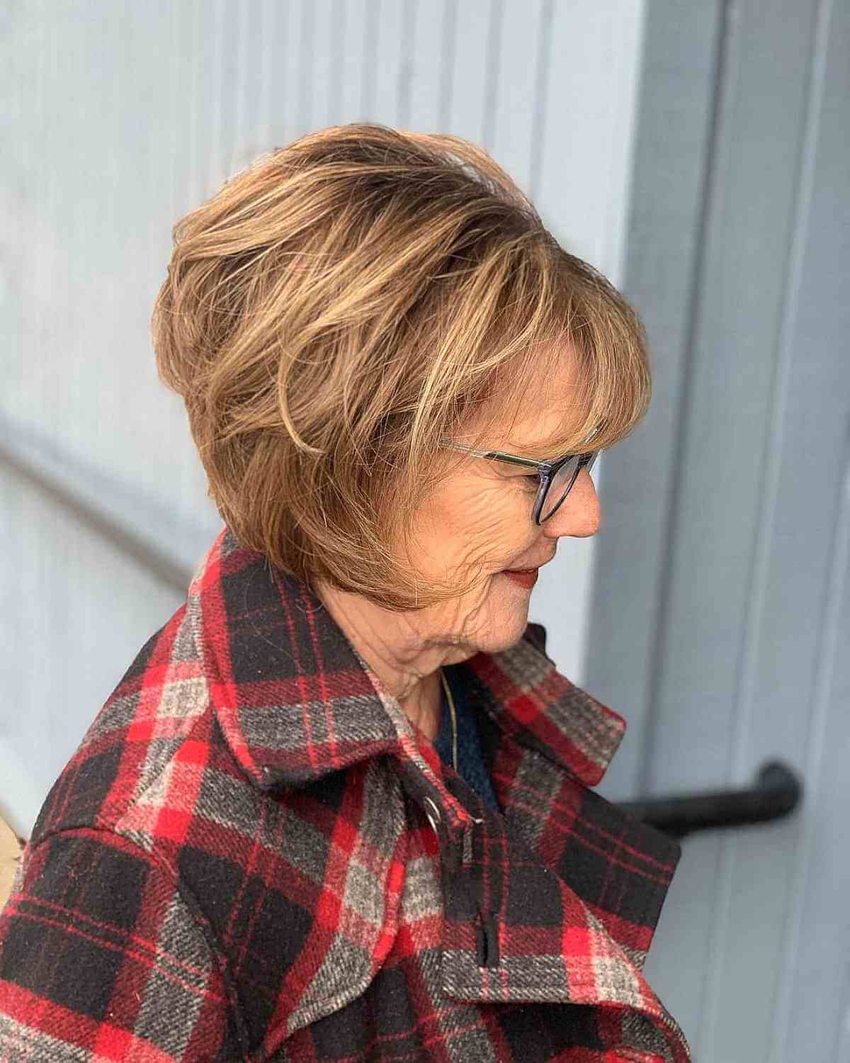 Feathered Wedge Bob with Wispy Bangs for a Lady in her 70s