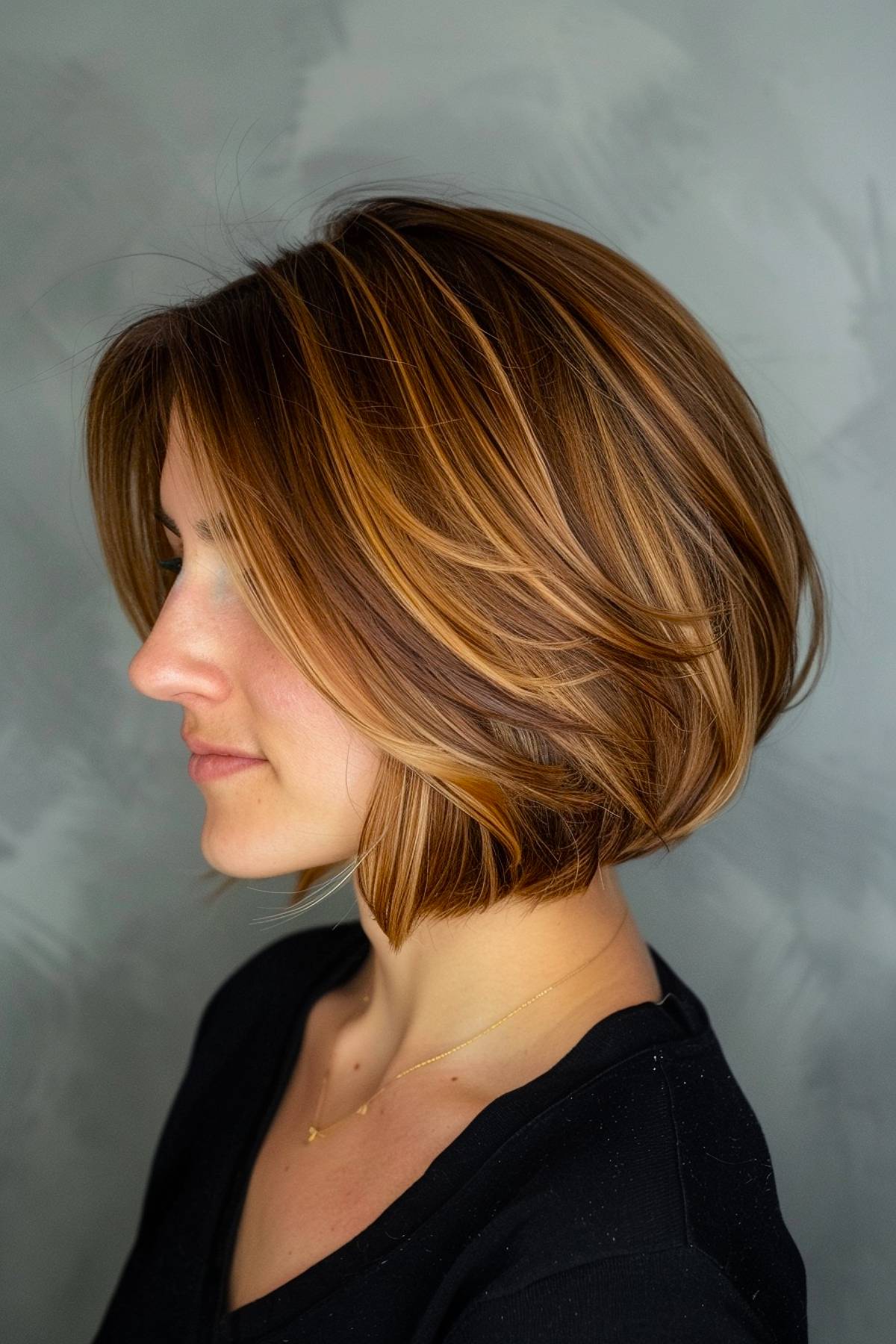 Neck-length bob with feathered ends and caramel highlights