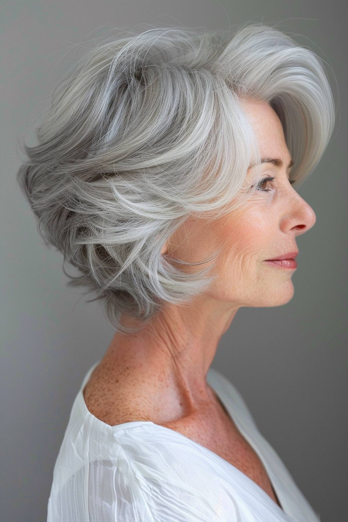 Feathered layered hairstyle for women over 70