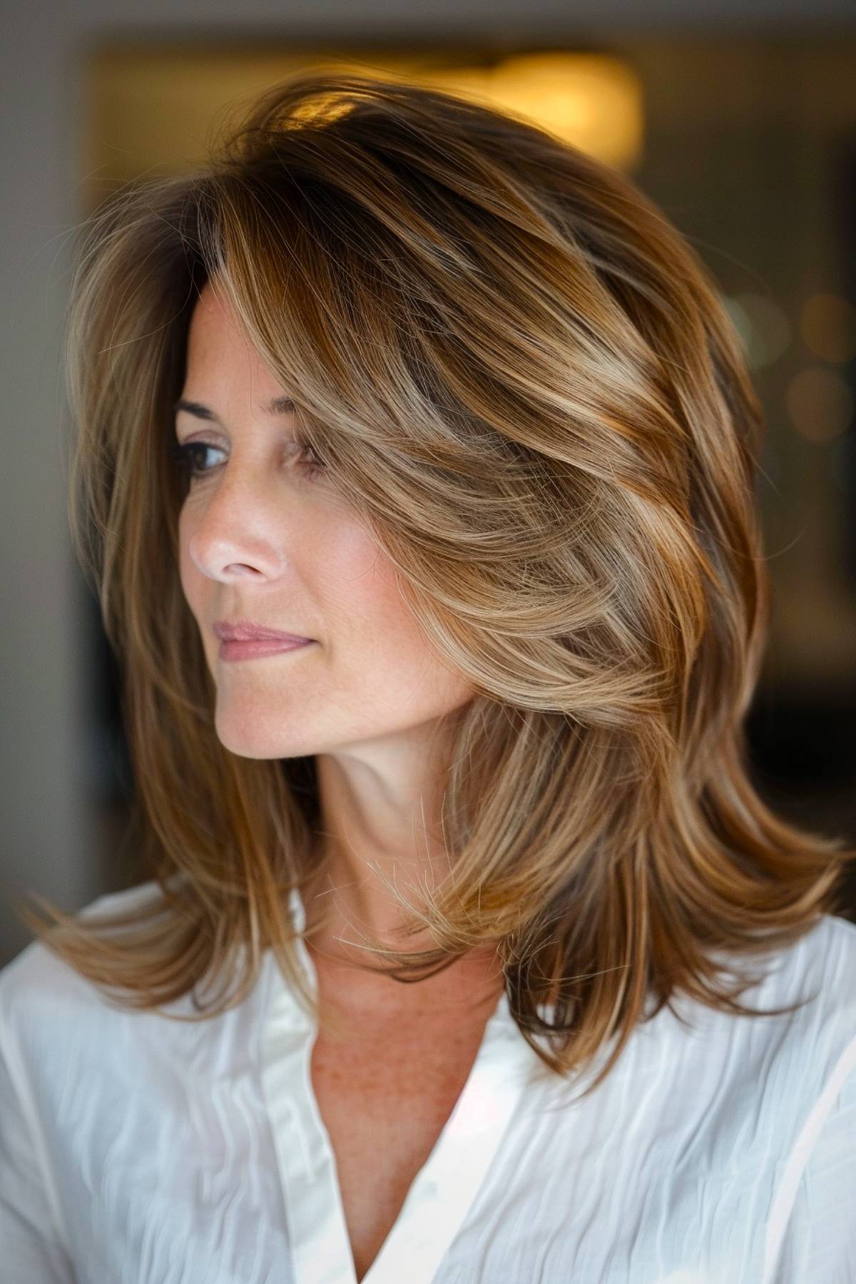 Medium-length layered haircut with feathered layers and caramel highlights