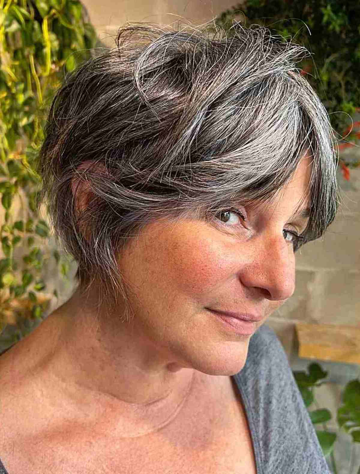 Ear-Length Feathery Gray Pixie and Curtain Bangs on Older Women with Thick Hair