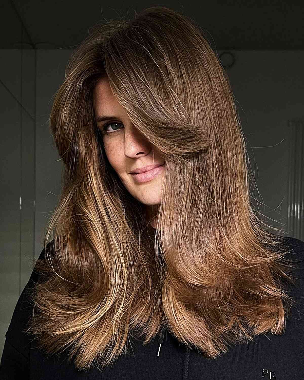 Mid-Long Feathery Layered Hair with Long Curtain Bangs for Thicker Locks