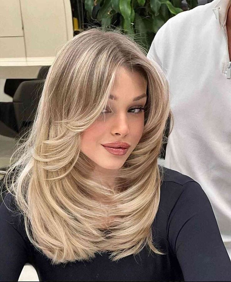 Feathery Layers On Mid Length Blonde Hair 737x900 