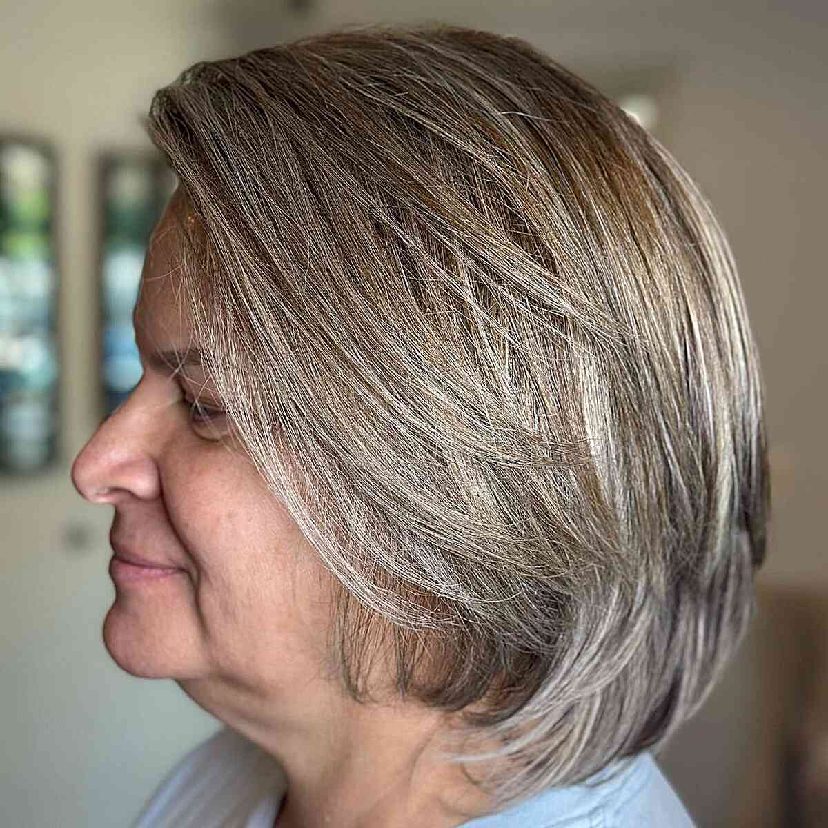Feathery Round Lob with Long Side Bangs for Seniors