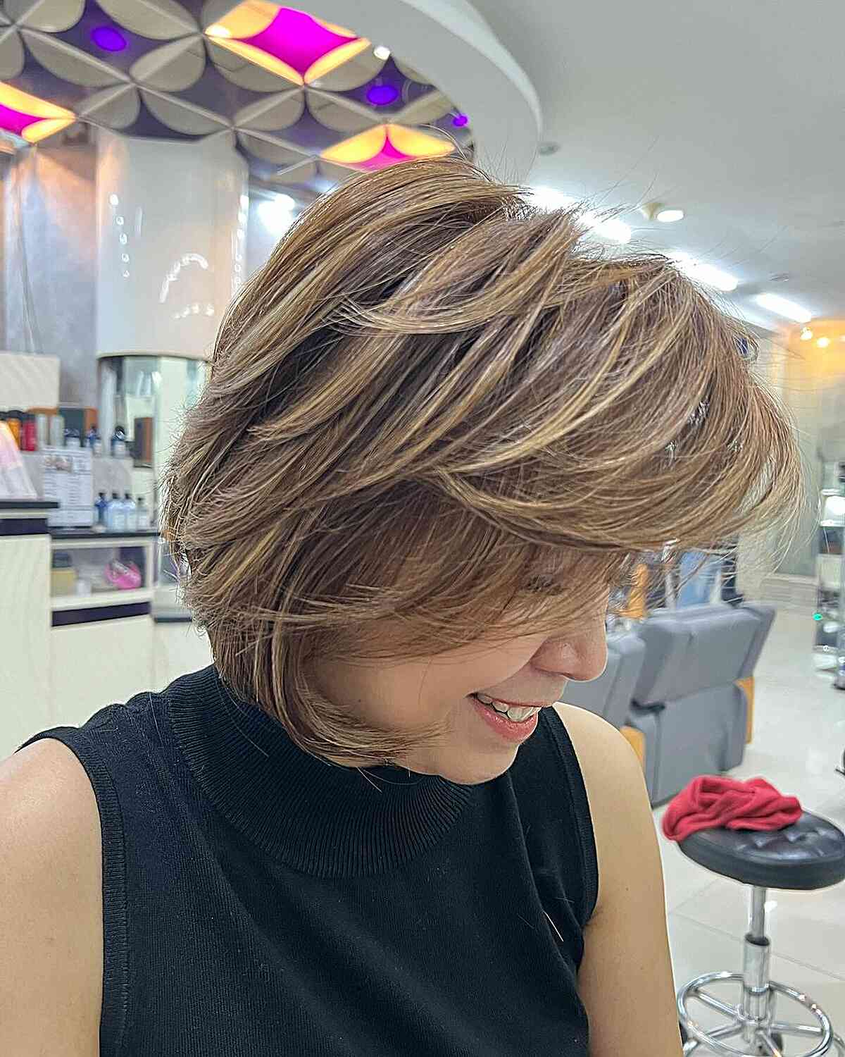 Feathery Short Bob with Side Bangs on Older Ladies