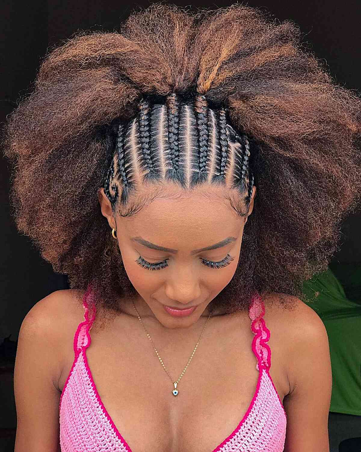 Feed-in braids with naturally curly hair