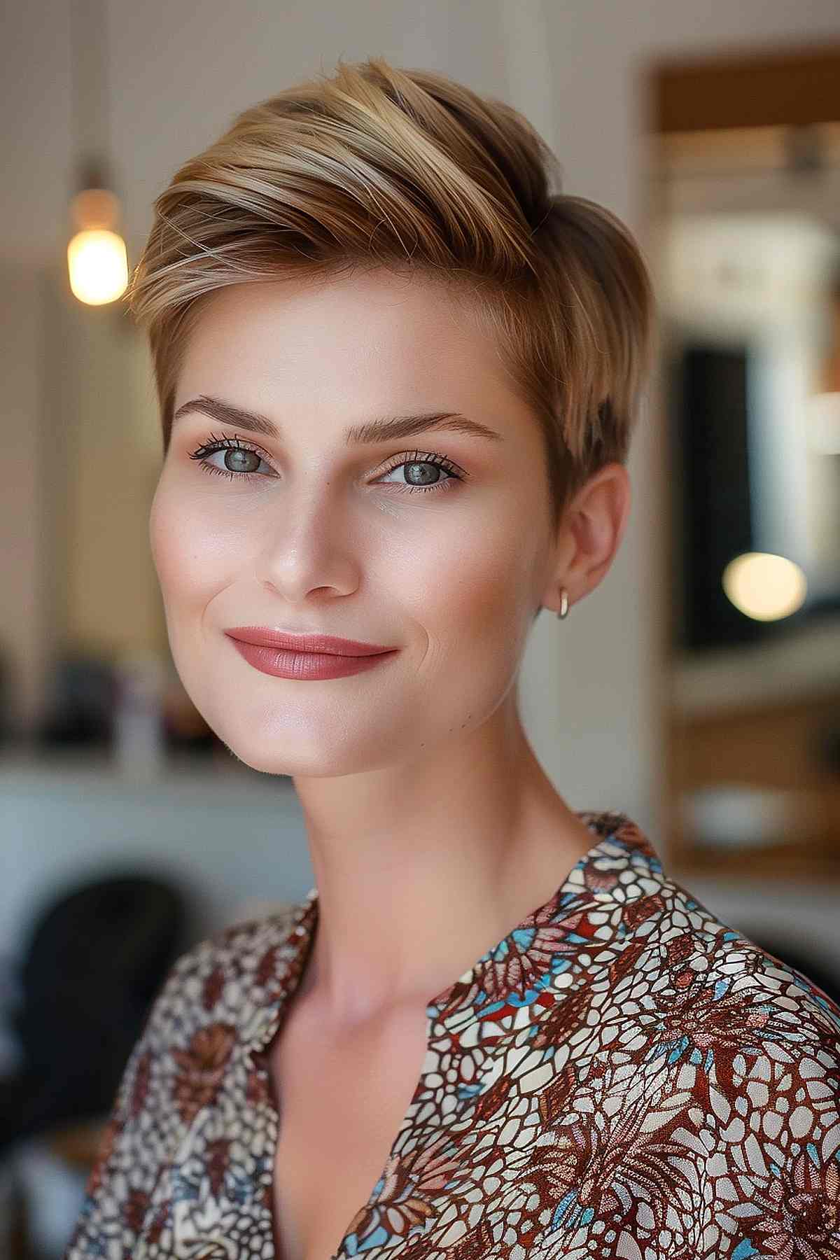 Feminine layered pixie cut with gentle layers and side-swept fringe