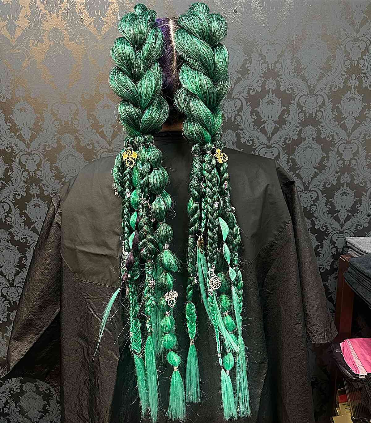 Very Long Festival Green Braids with Embellishments