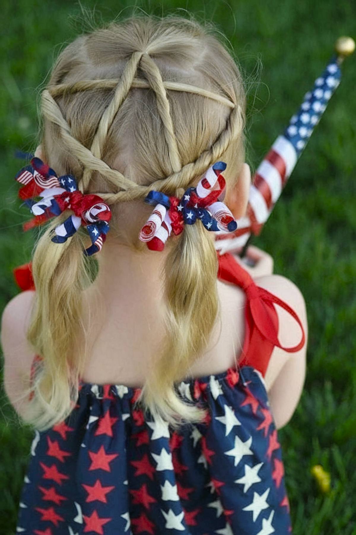 4th of July braided toddler hairstyle with ribbons