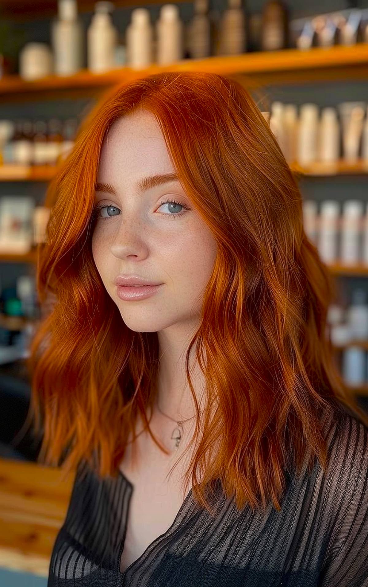 Vibrant ginger wavy hairstyle with soft waves for medium-density hair