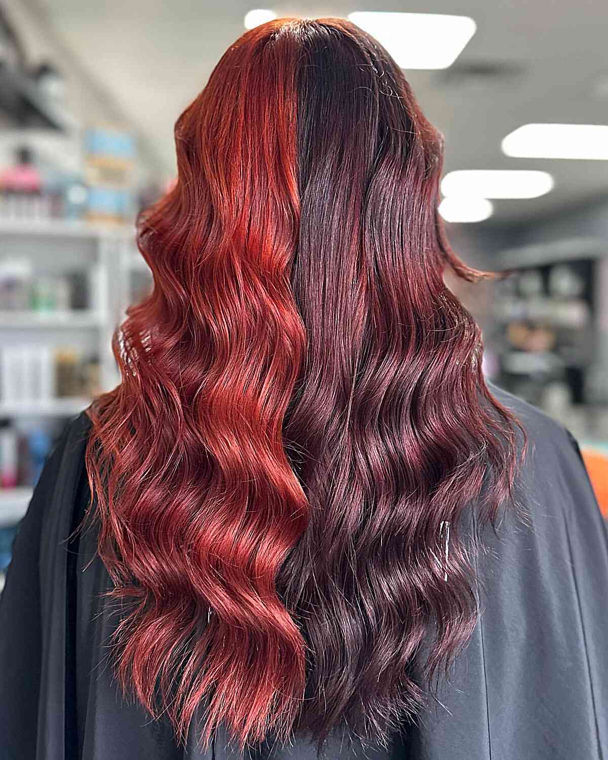 Long Hair with Fiery Red and Deep Mahogany Split Dye