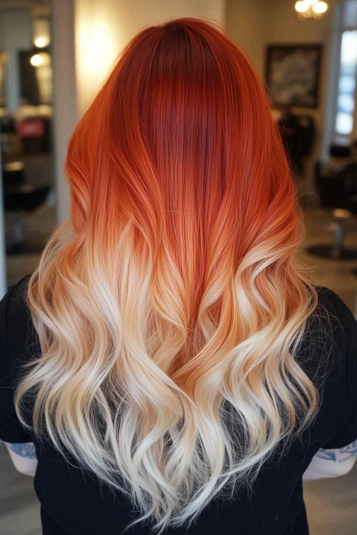 Back view of fiery red to blonde ombre waves