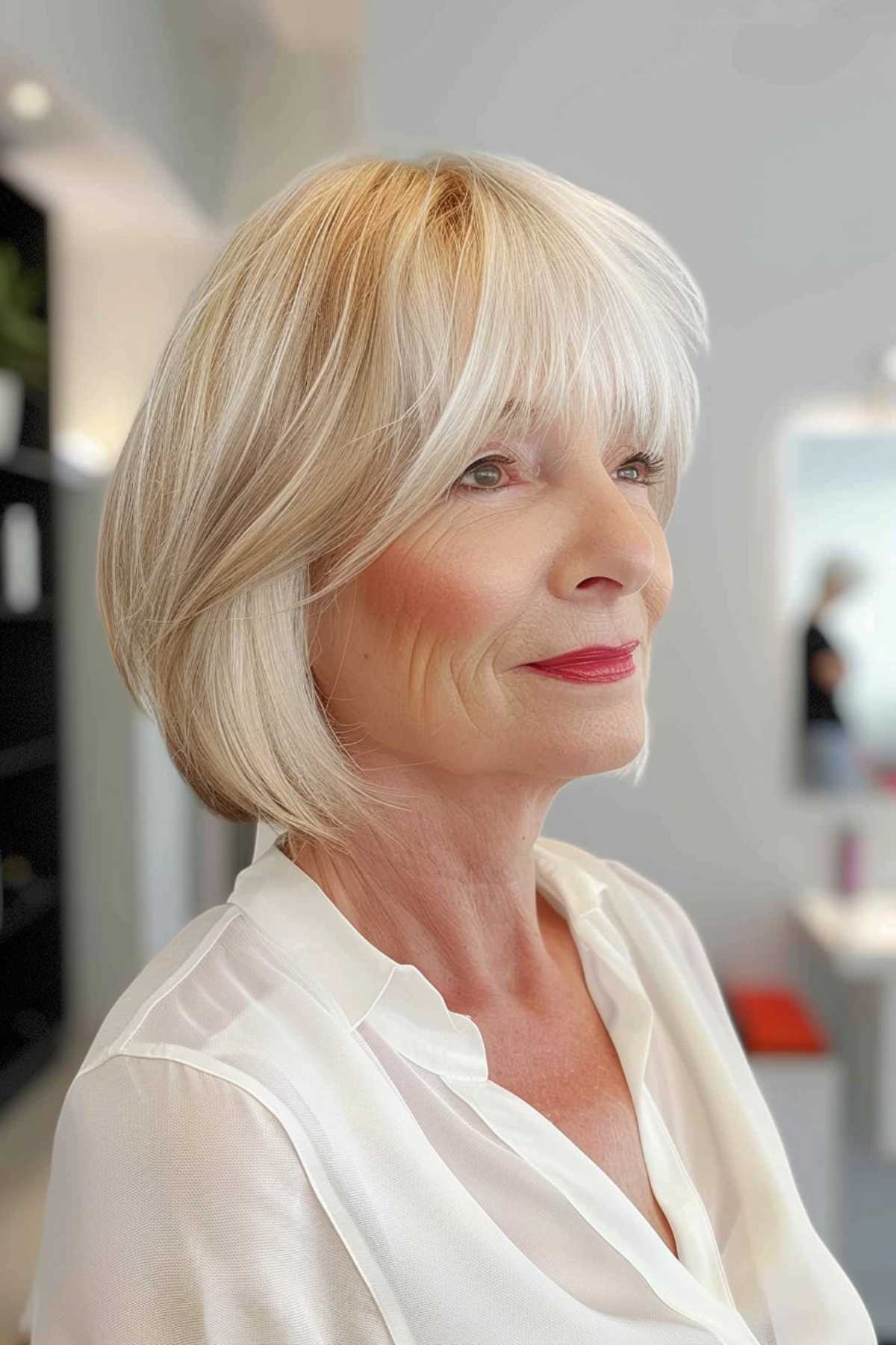 Mature woman with a layered hairstyle for fine straight hair and seamlessly blended bangs, wearing a white blouse.