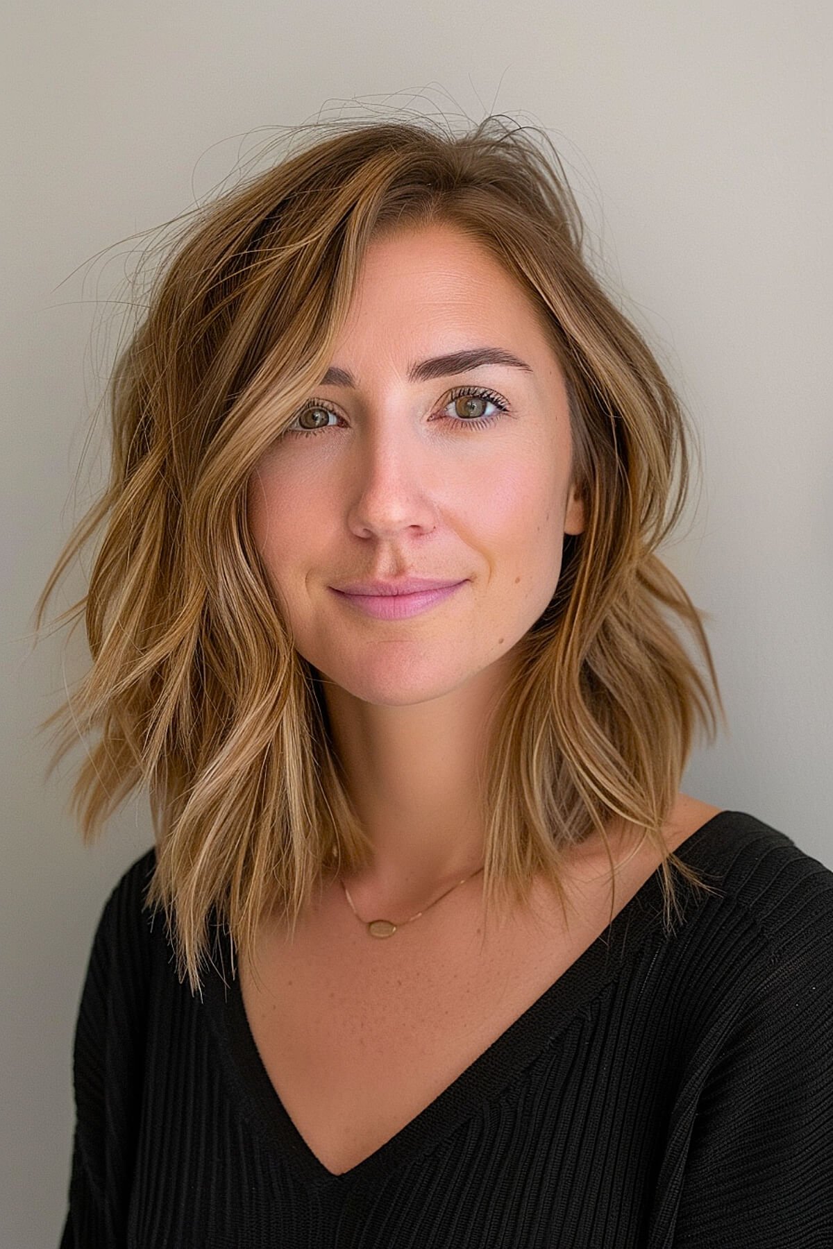 Shoulder-length layered haircut with flipped-out ends for fine hair