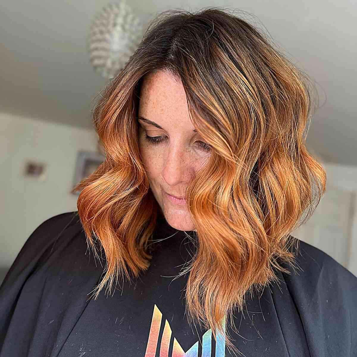 Fire Copper with Dark Roots on Lob Haircut for Autumn and Women Over 40
