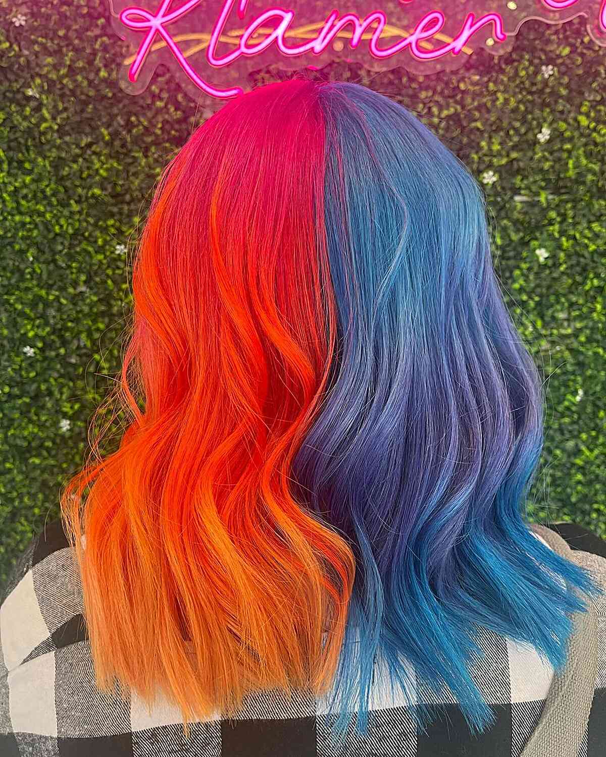 Fire Orange Medium Hair with Mermaid Blue Split Dye Color