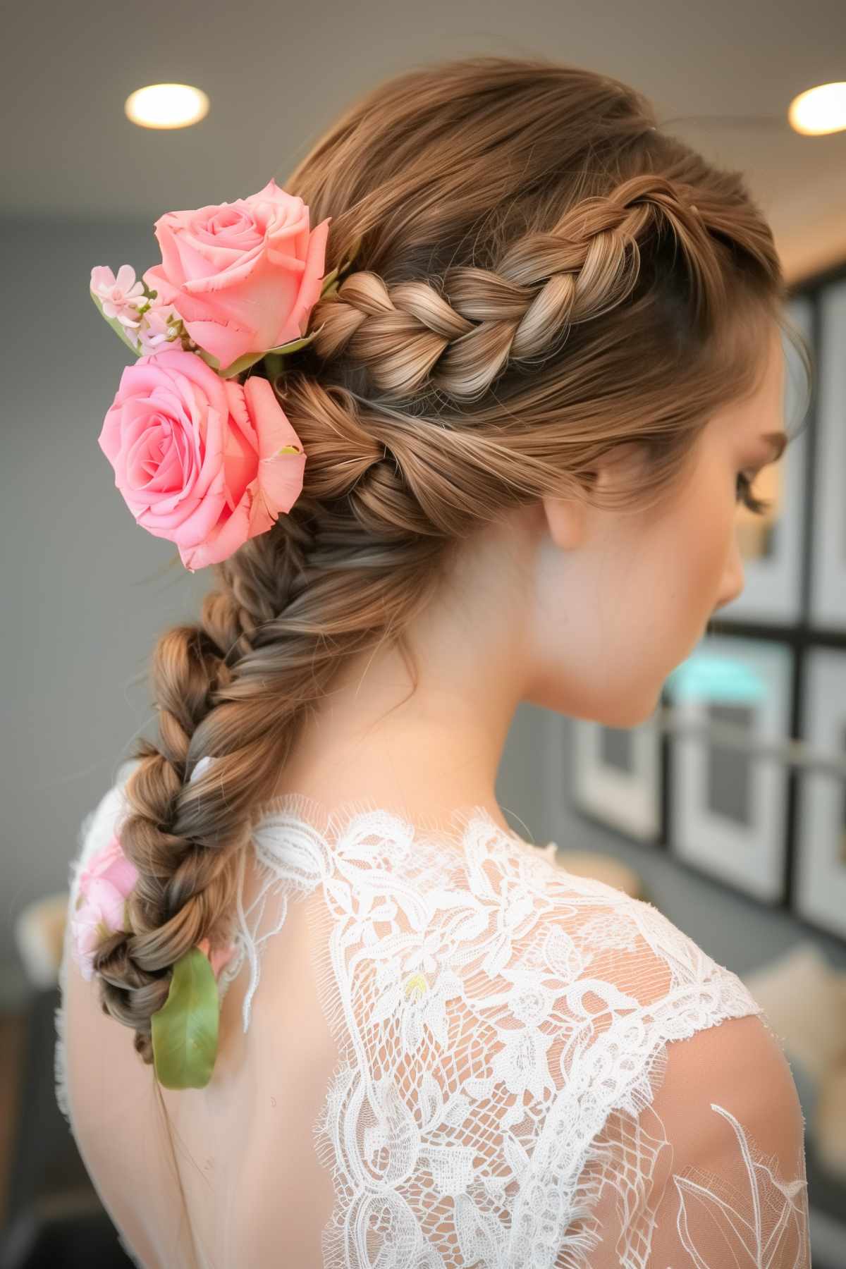 Elegant fishtail braid with pink roses woven through, styled on a bride with medium-length hair.