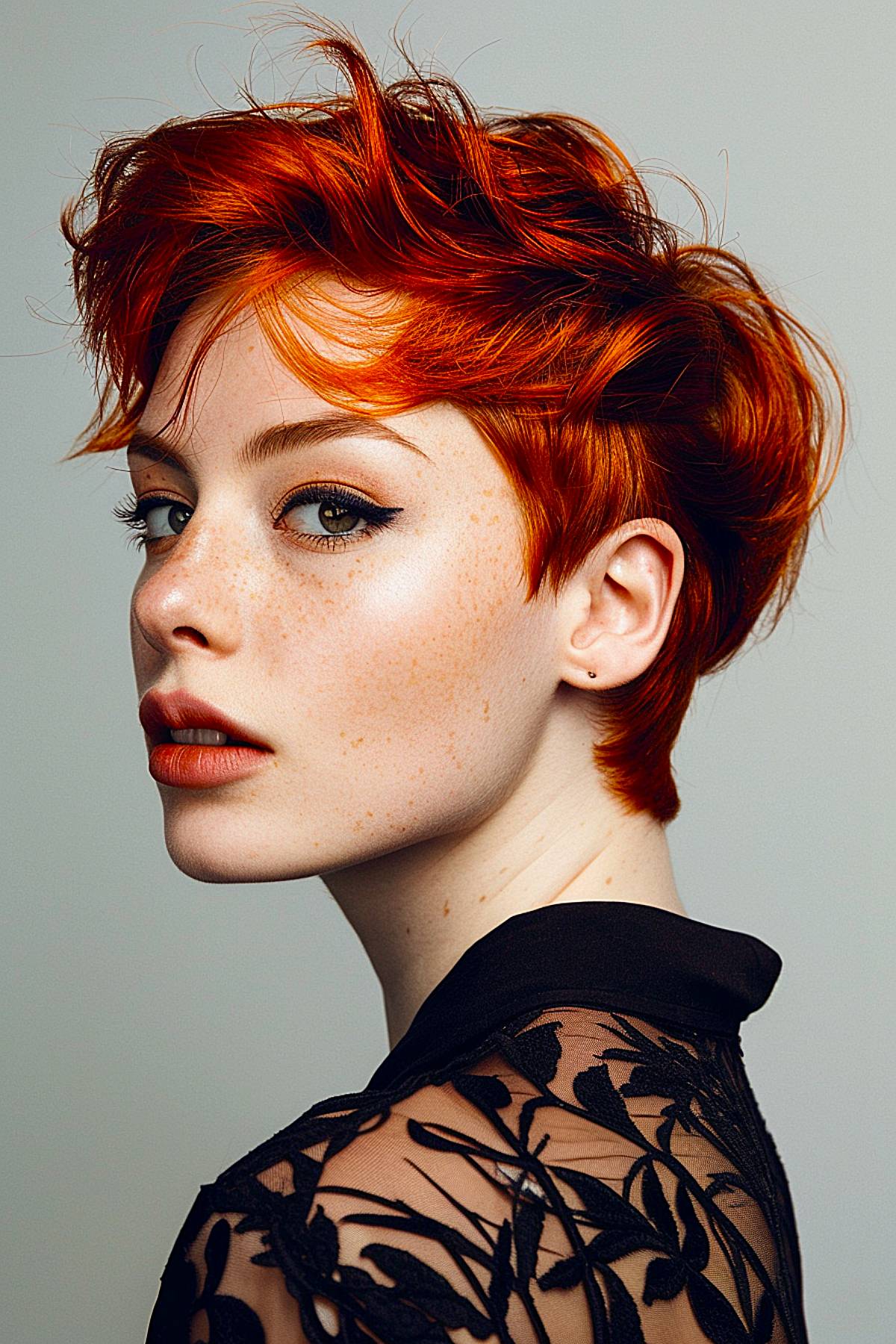 Fiery red pixie haircut with textured feathered layers