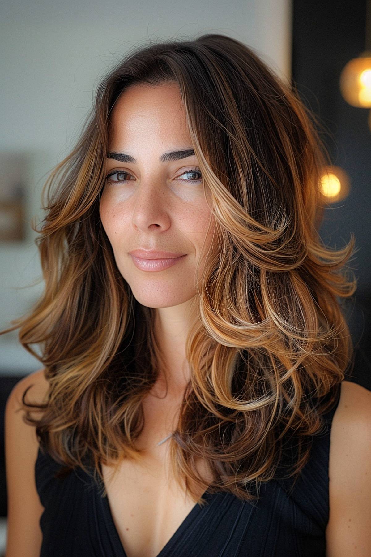 Flarefall haircut with face-framing highlights and mid-length layers