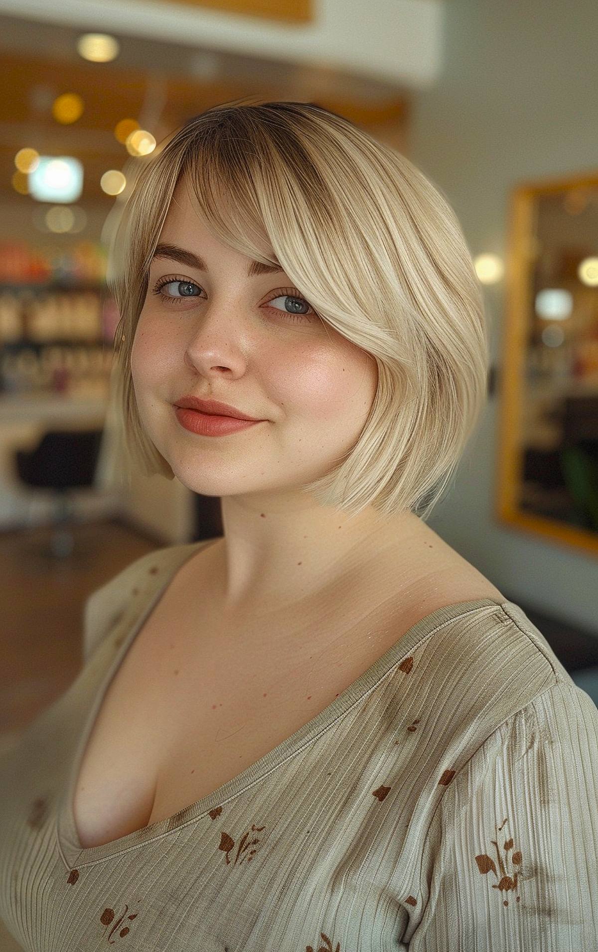 Chin-length bob with side-swept bangs for chubby faces