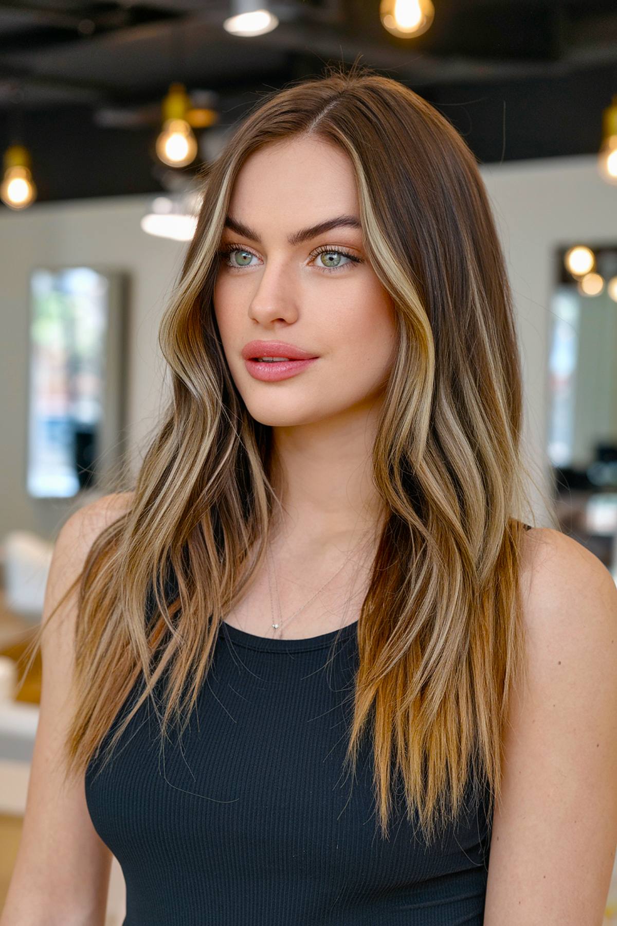 Caramel balayage for green eyes on brunette hair