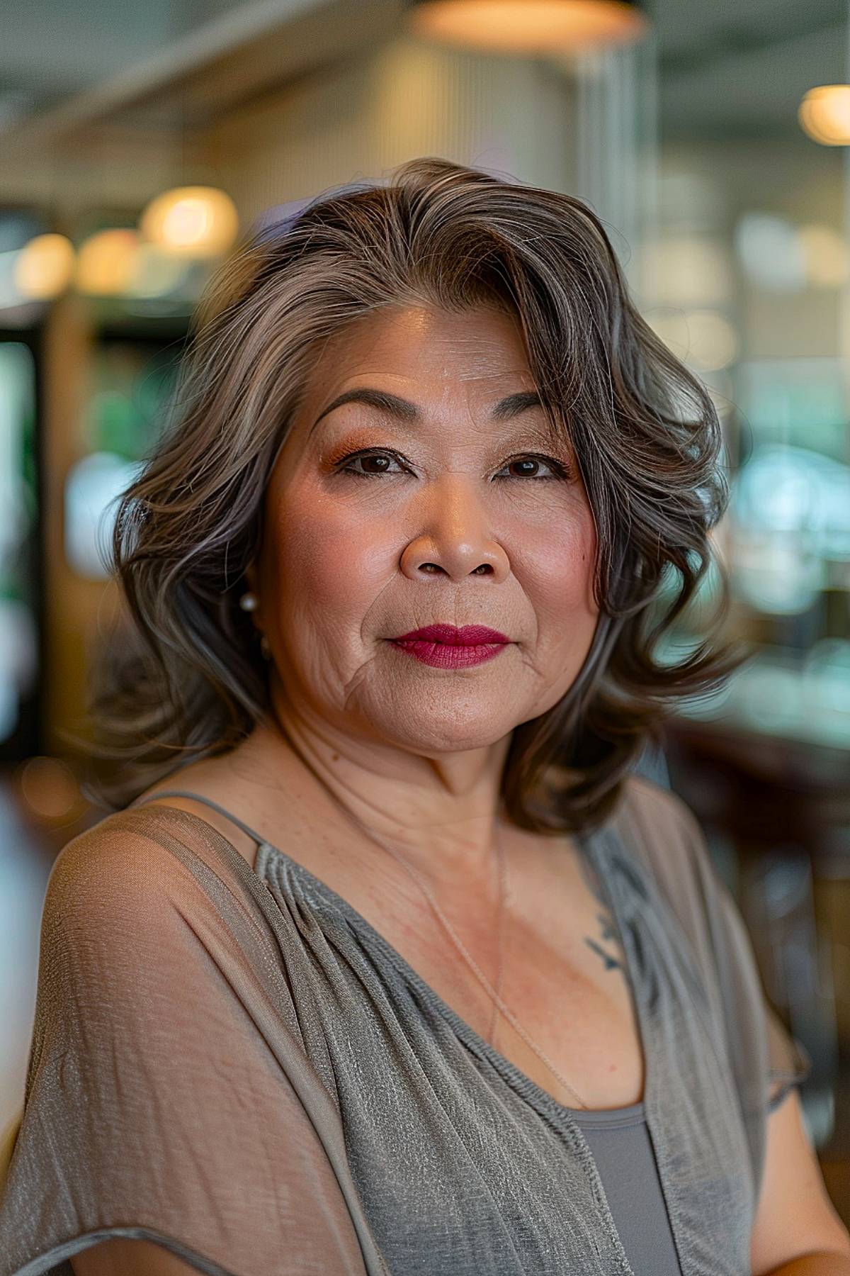 Layered voluminous hairstyle for older women with chubby faces