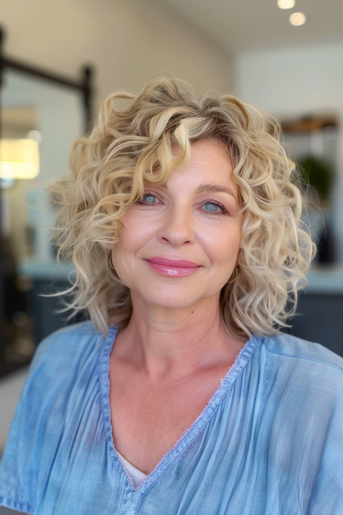 Face-framing curly bob hairstyle for older women with soft blonde layers