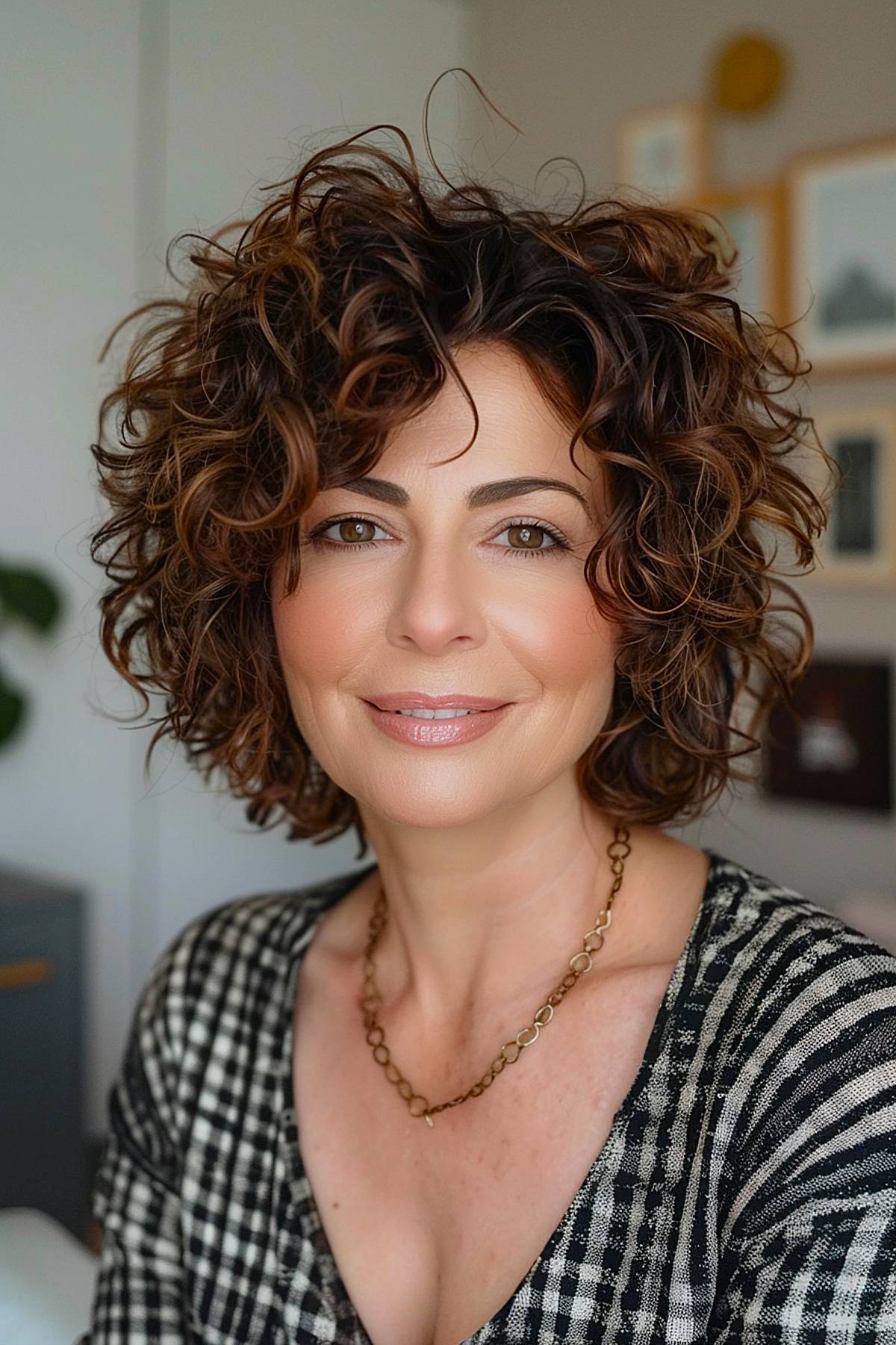 Face-framing curly bob hairstyle for women over 50