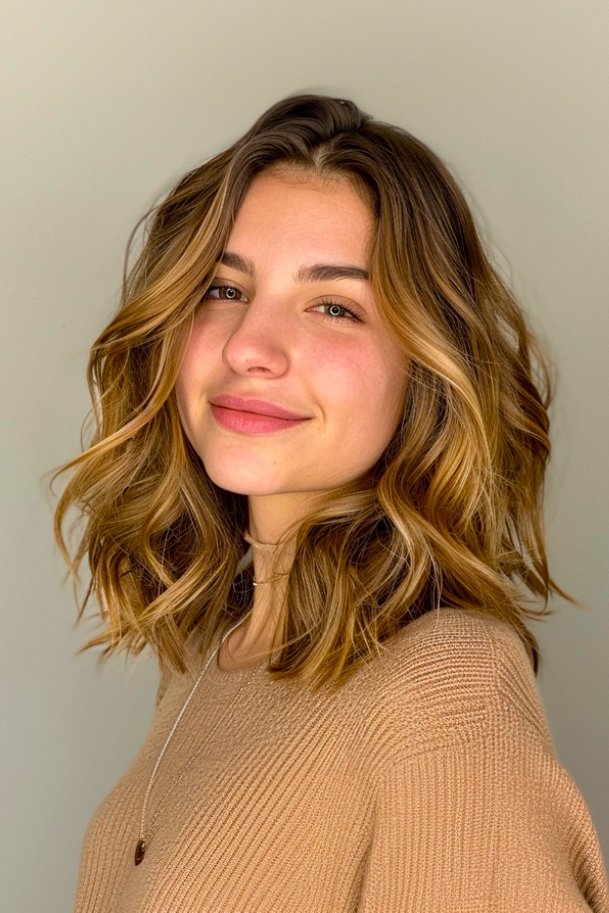 Medium-length layered haircut with golden balayage for round faces