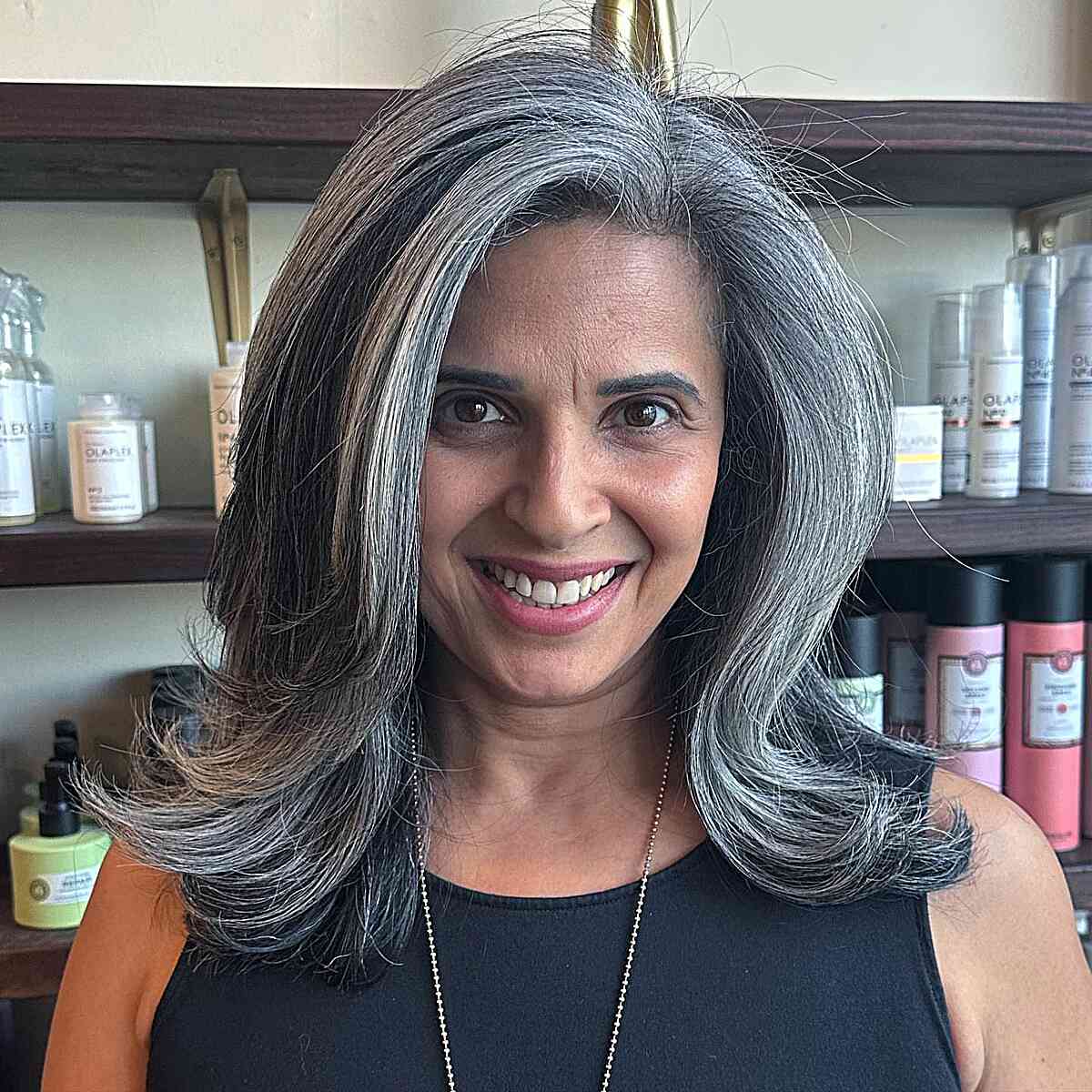 Flattering Salt and Pepper Style for older women with natural hair color