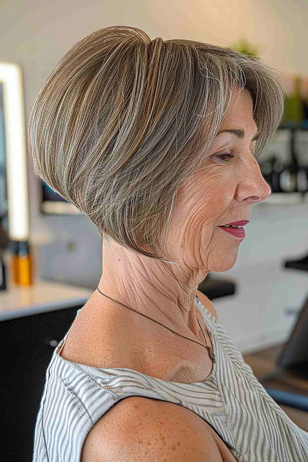a flattering short layered bob for women over 60