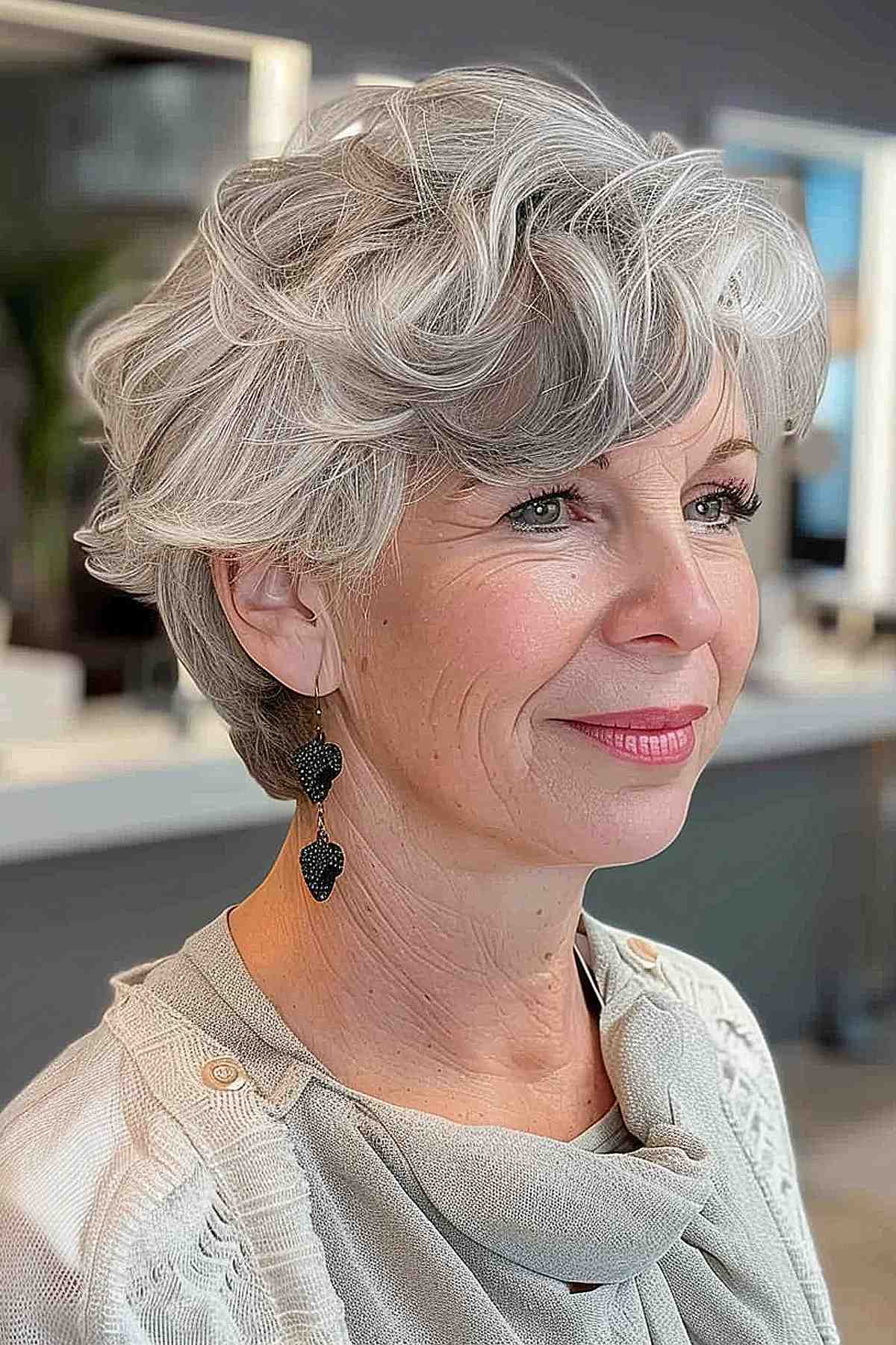 Flattering short shag haircut for older women with natural grey hair