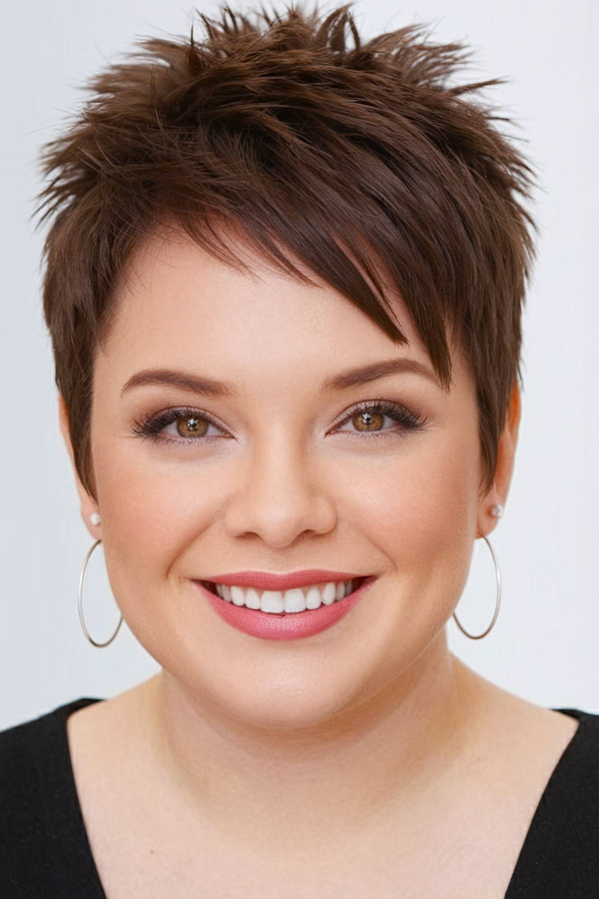 Short spiky haircut with side-swept bangs for round faces