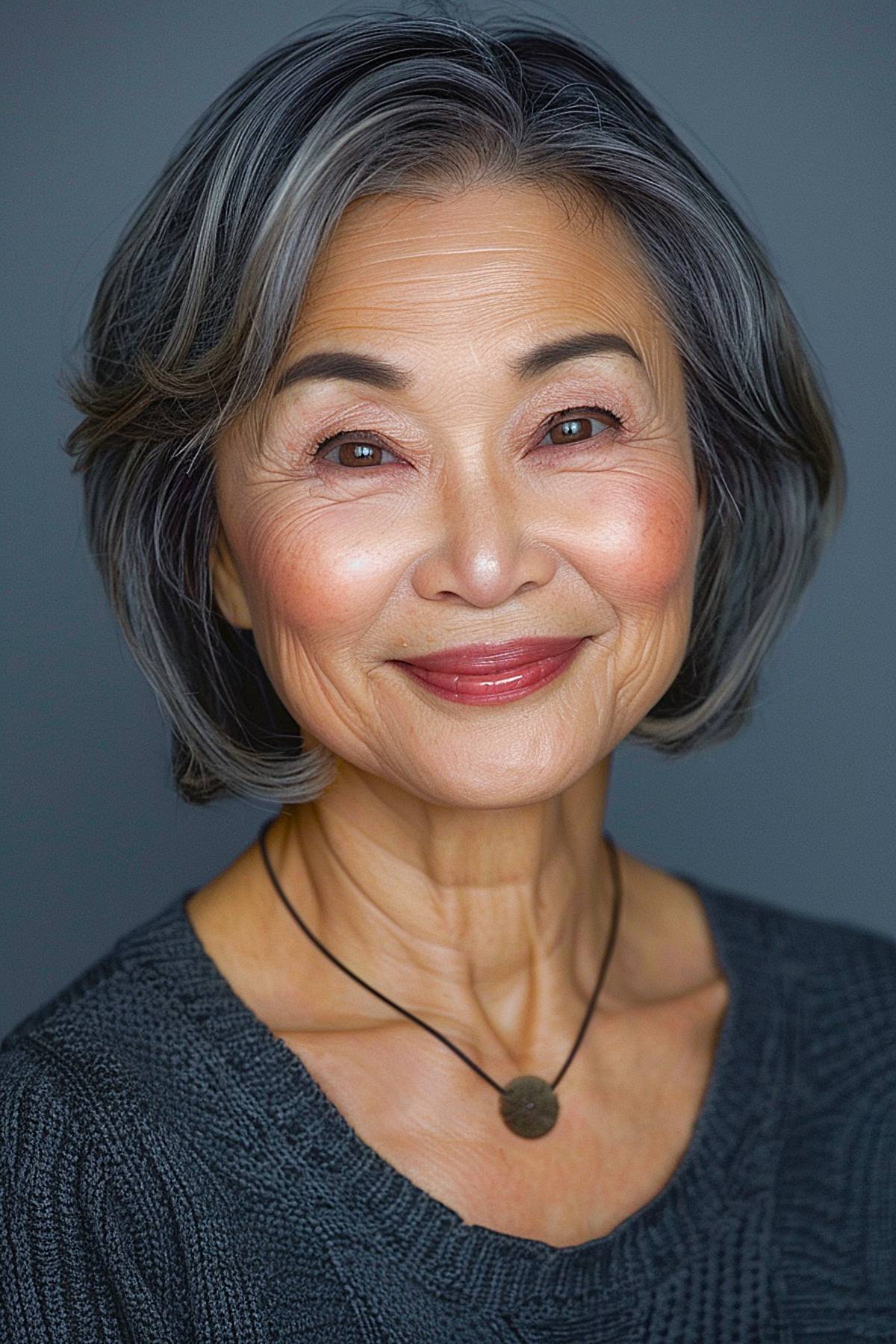 Layered bob with side-swept bangs for older Asian women with square faces