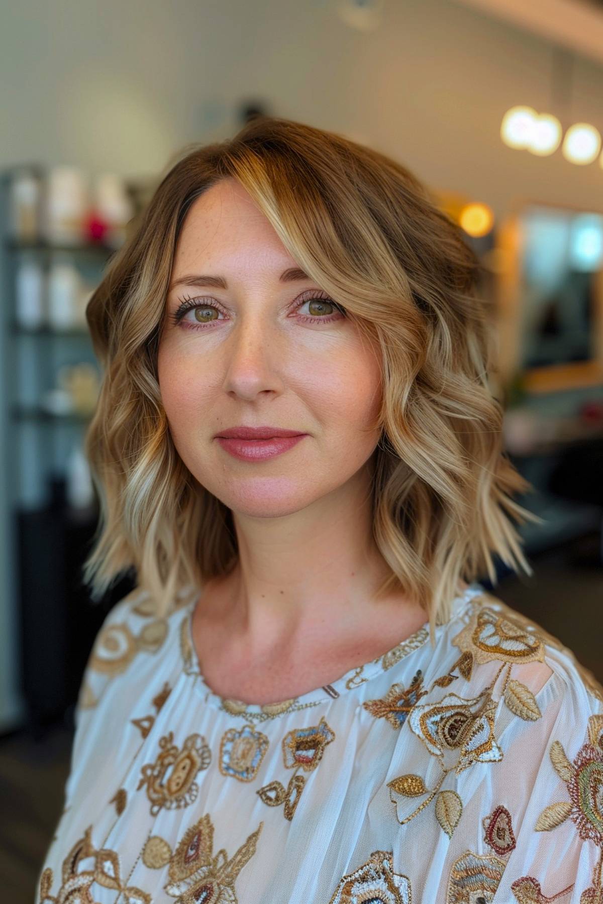 Shoulder-length wavy bob for women over 40 with soft layers