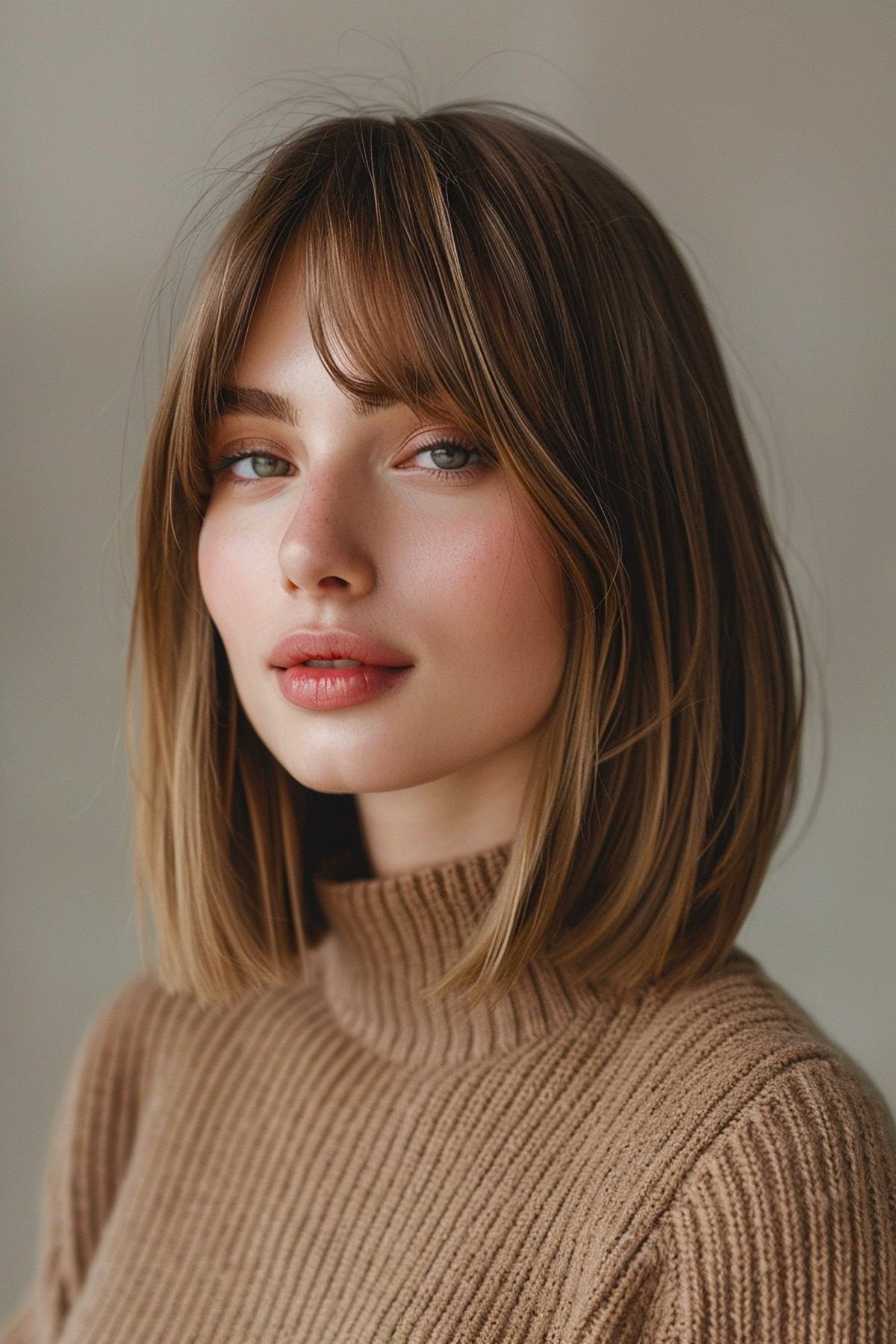 Flexiform haircut featuring a soft, shoulder-length bob with curtain bangs for straight-to-wavy hair