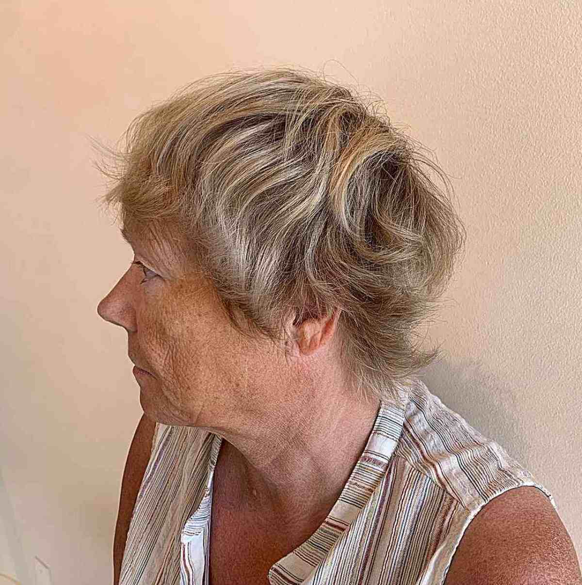 Flipped-Up Shaggy Pixie with Blonde Highlights on Older Ladies Over 60
