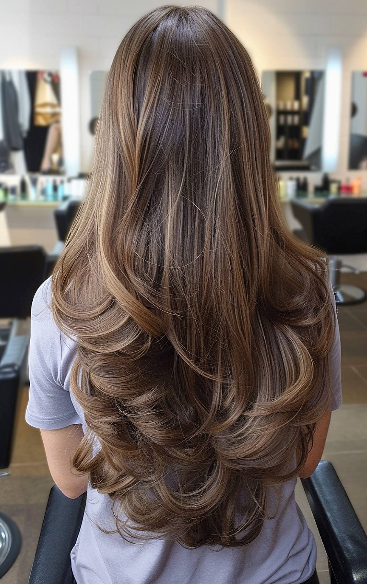 Long flippy blowout with cascading layers on chestnut brown hair