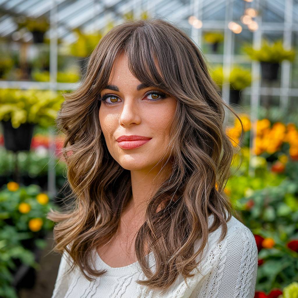 Medium brown wavy hair with curtain bangs and layered cut, chic spring haircut