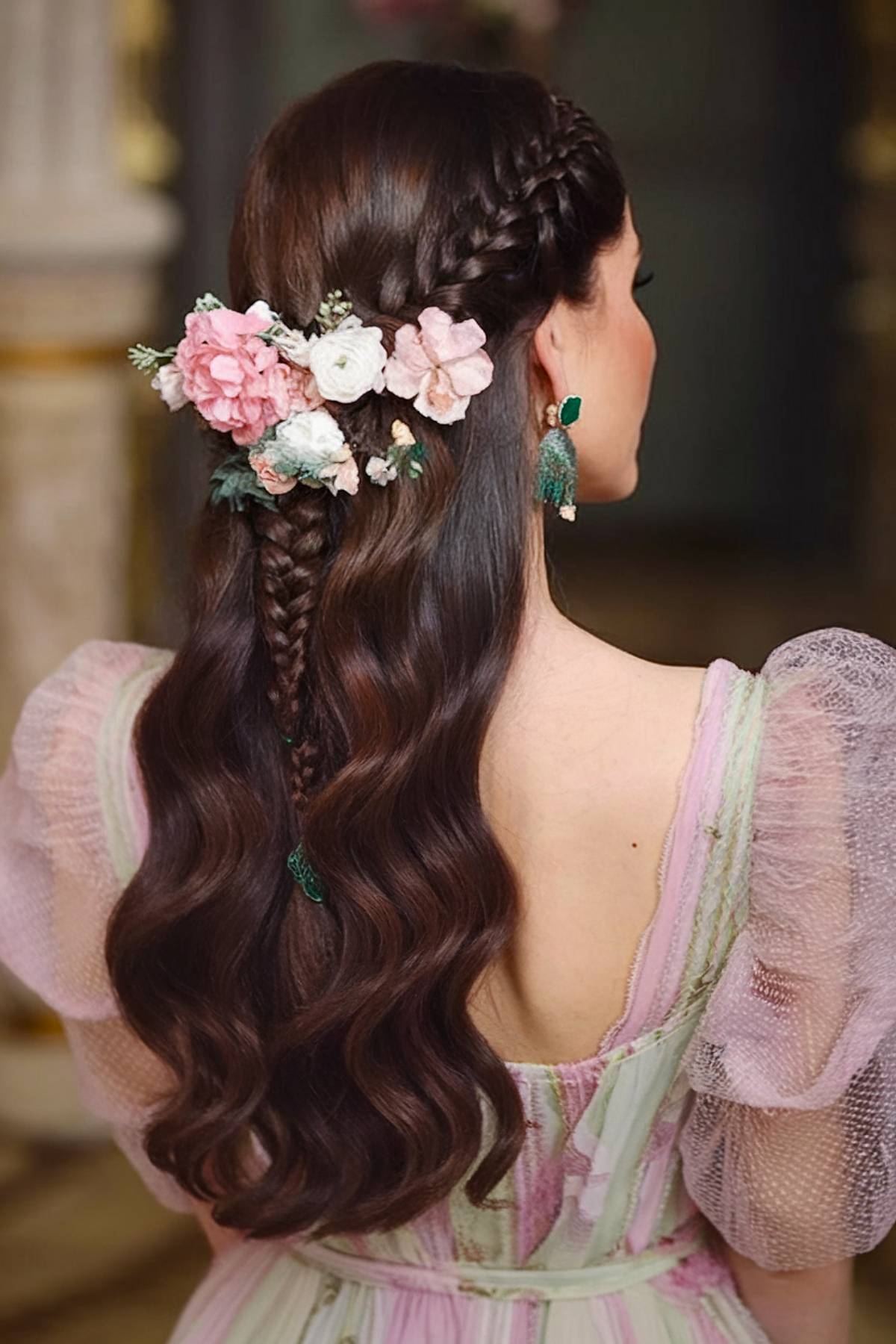 Long wavy wedding hair with flowers and braids