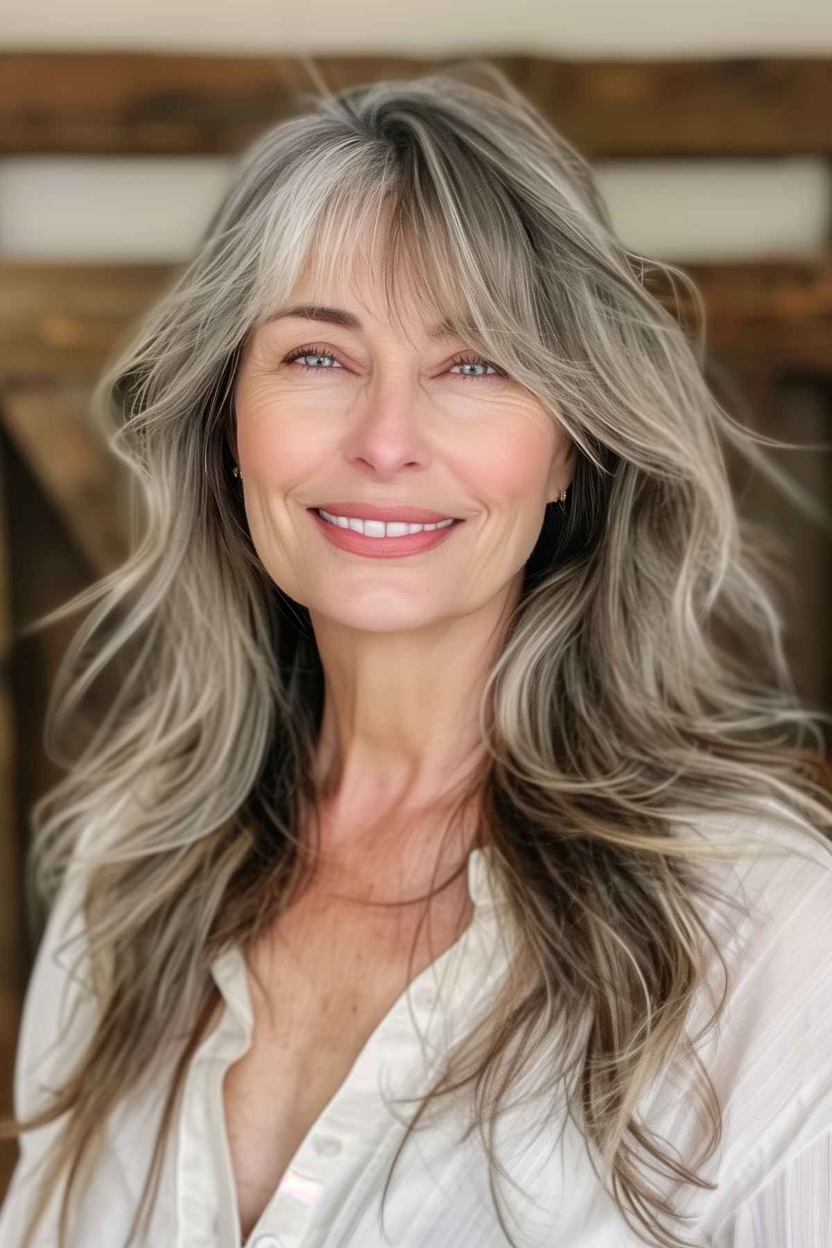 Mature woman with long gray hair and feathered bangs, wearing a white blouse.