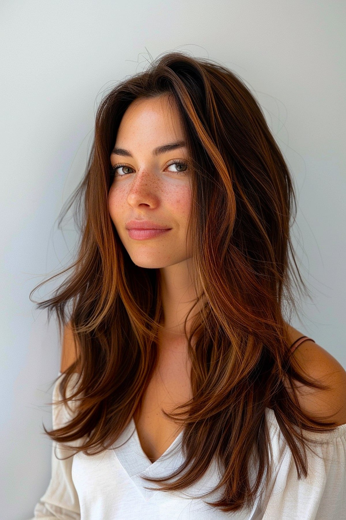 Long layered haircut with face-framing strands and warm highlights