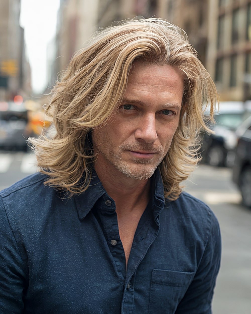 Flowing layered long hairstyle with voluminous waves for men