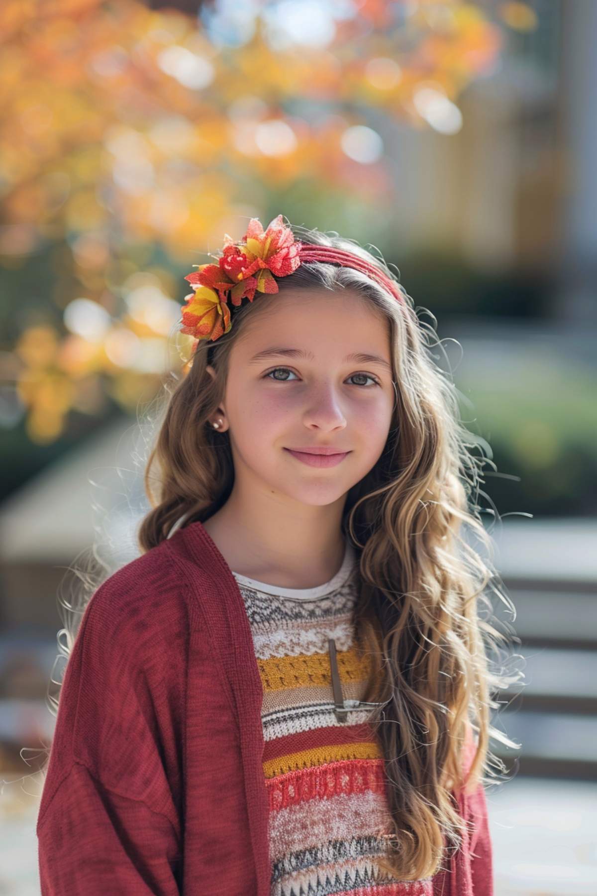 Young girl with flowing wavy hair and a floral headband, wearing a patterned sweater and red cardigan