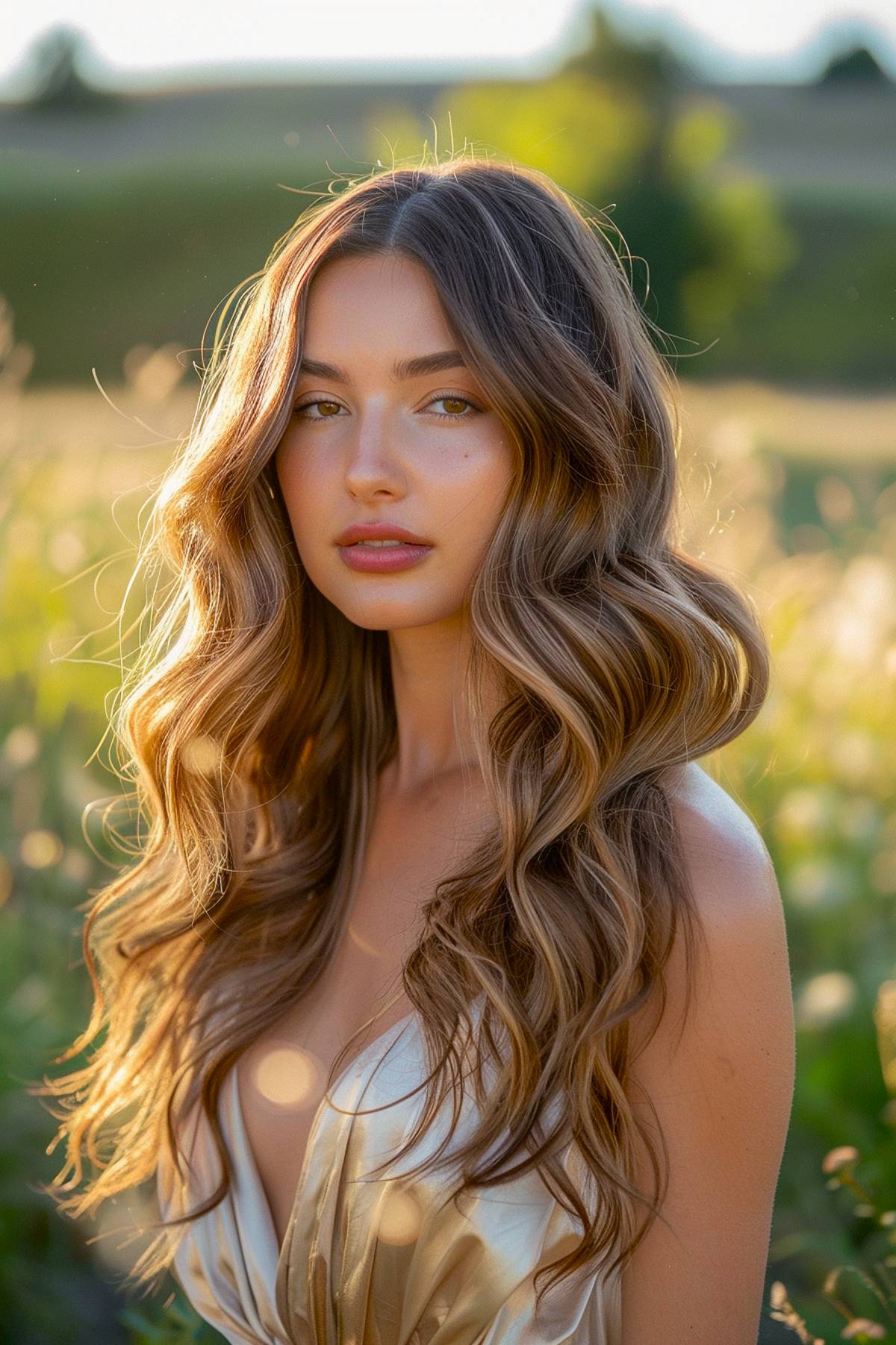 Loose curls with honey-blonde highlights on long hair