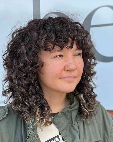 A Fluffy Curls and Bangs for Collarbone-Length Hair and Rounded Faces