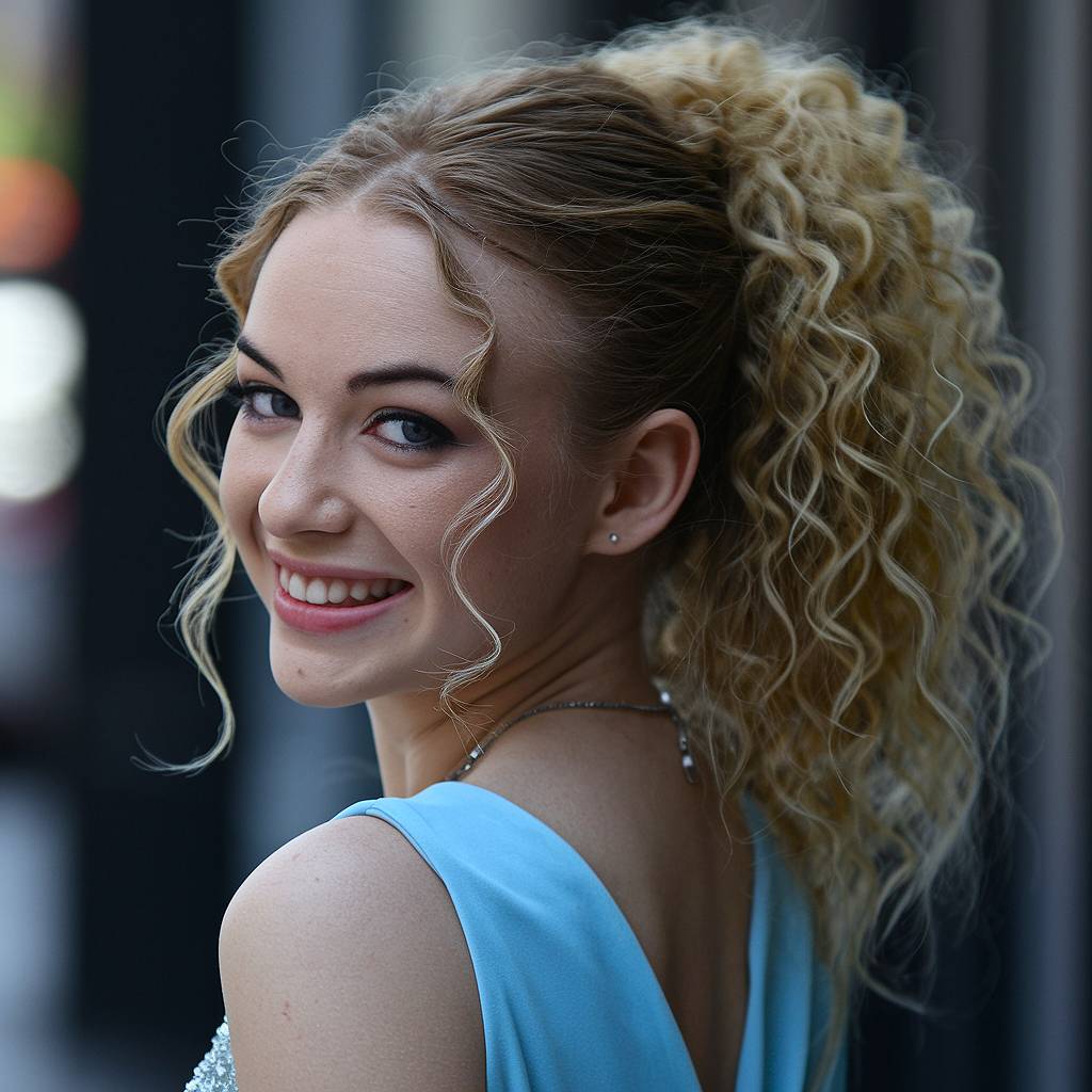 High prom ponytail with fluffy curls and soft face-framing tendrils