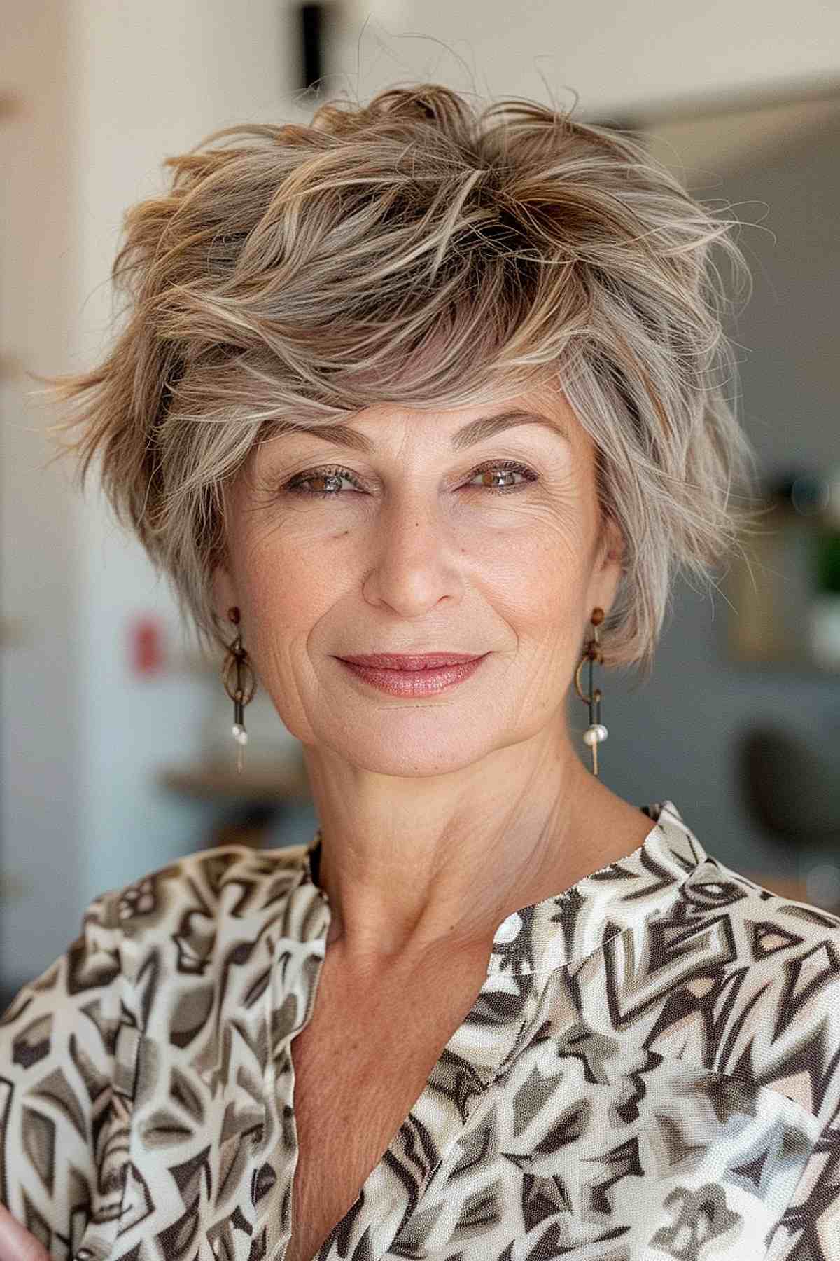 Woman with a fluffy long pixie cut, thick hair, and textured layers